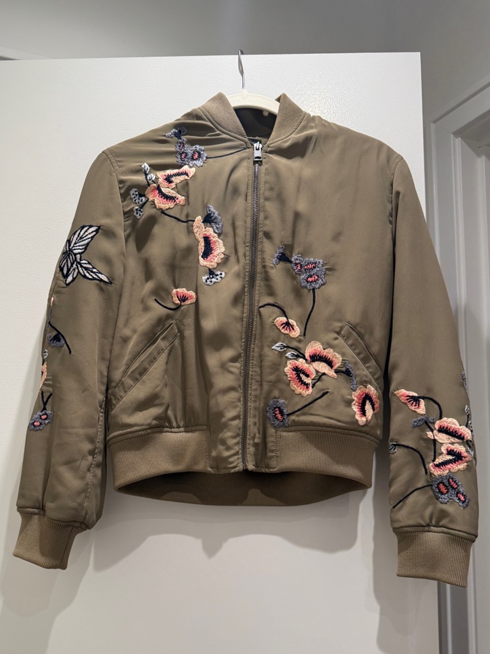 AllSaints Olive Floral Embroidered Bomber Jacket